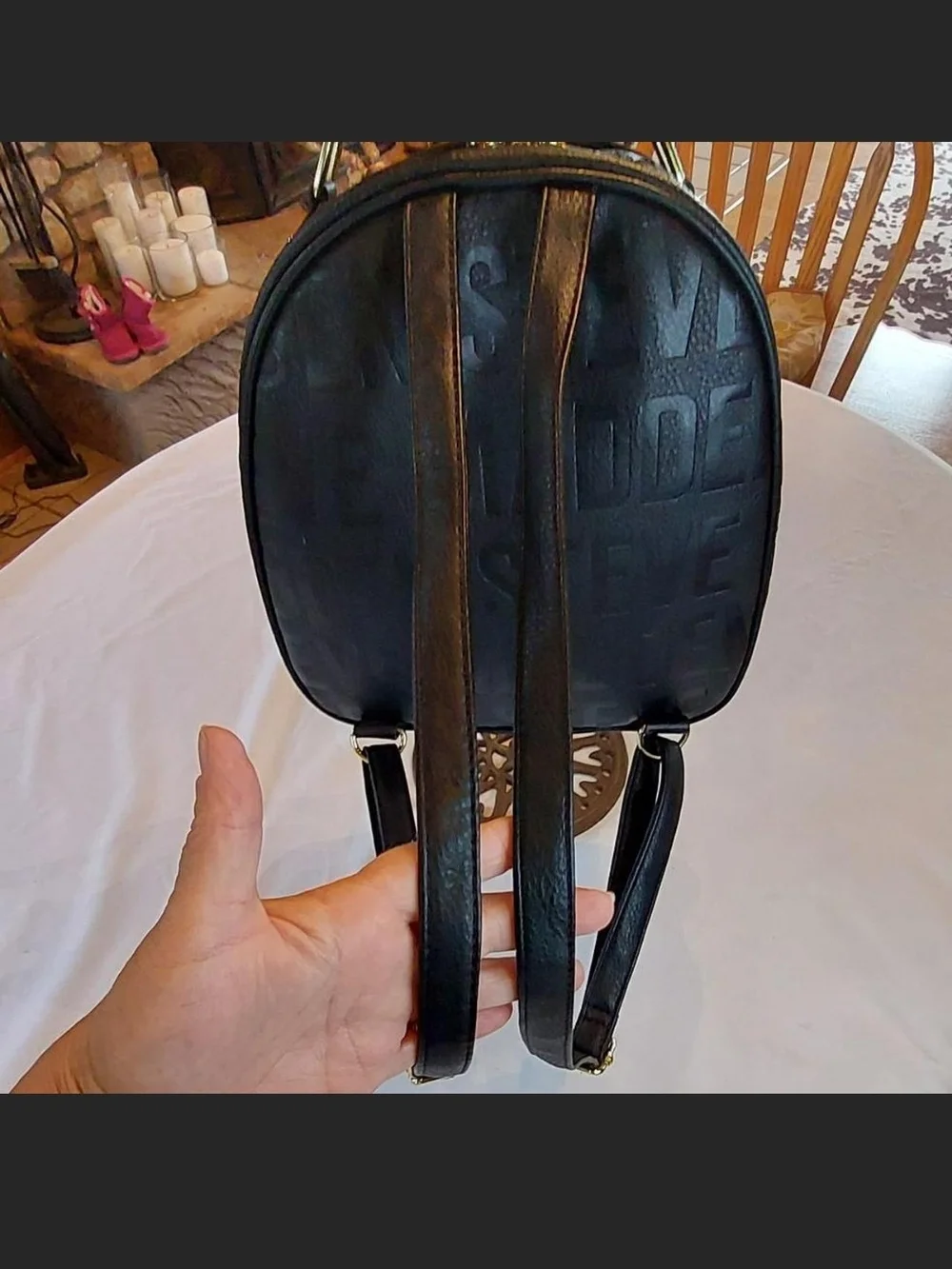 Steve Madden Black Monogram Mini Backpack Purse Gold Hardware Like New condition